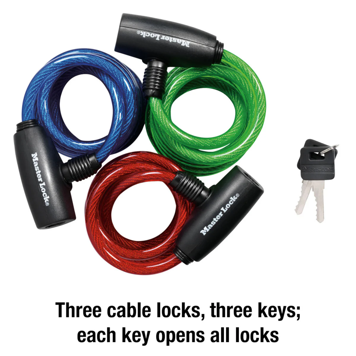 Keyed Braided Steel Cable Lock, 6 ft x 5/16 in, Assorted Colors, 3-Pack - Image 5